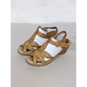 Pikolinos Crema Sz 7 T Strap Leather Sandals Embroidered Tan Brown Comfort FLAWS